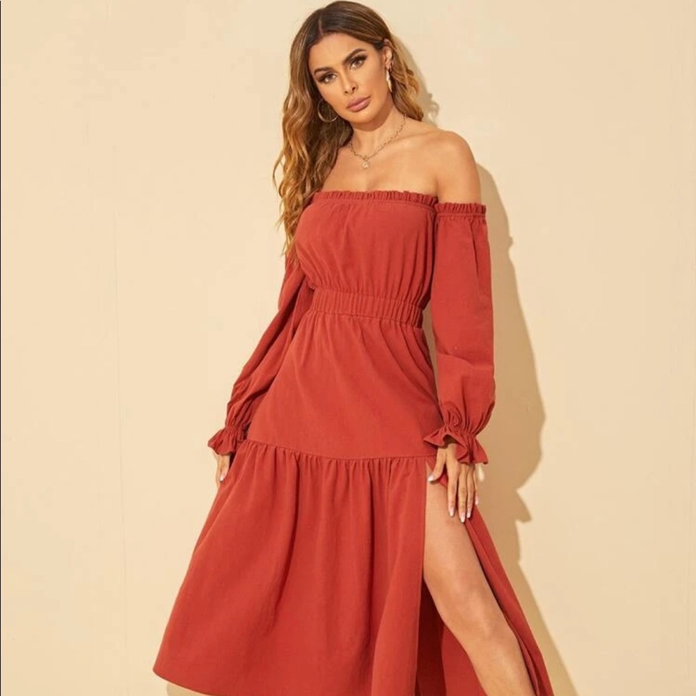 Off Shoulder Frill Trim Split Thigh Dress